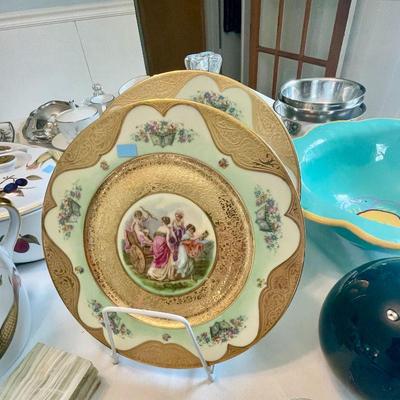 Pair vintage hand-painted portrait plates with 22k gold embellishment