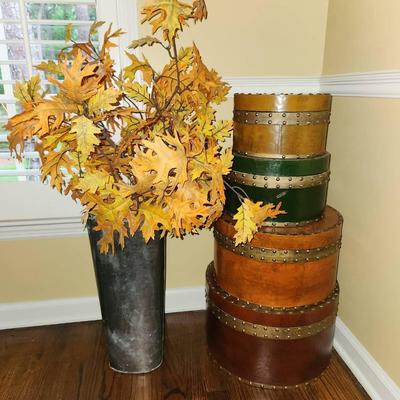 Set/4 Round Lidded Boxes with Brass Tack Trim & Large Tin Vase W/ Foliage