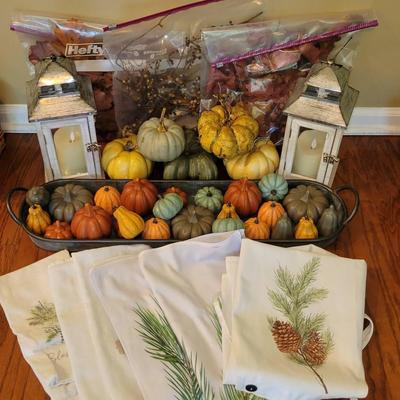 Fall Decorations: (2) Lanterns With Battery Candles, Metal Tray With Assorted Pumpkins, Etc