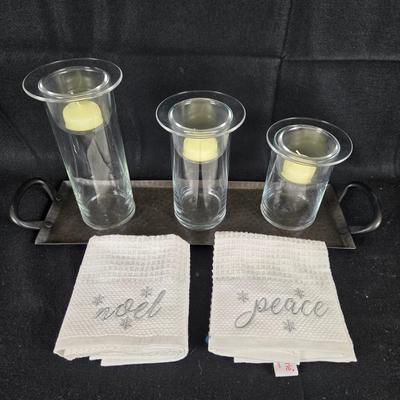 Crate And Barrel Hammered Metal Tray w/handles, (3) Floating Candles, (2) Dish Towels