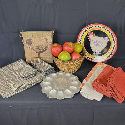 Country Kitchen: Wilton Armetale Egg Plate, (2) Plaid Square Tablecloths w/Matching Napkins, 