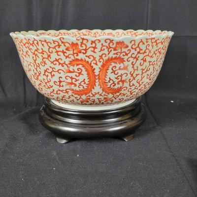 Chinese Orange And White Porcelain Console Bowl With Wooden Base