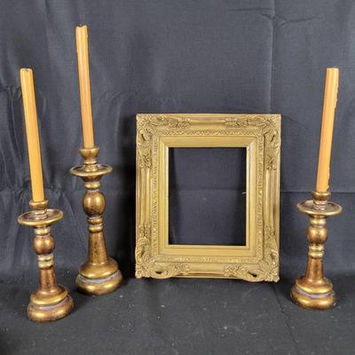 Antique Gold Frame & (3) Gold Candle Sticks By Sullivans