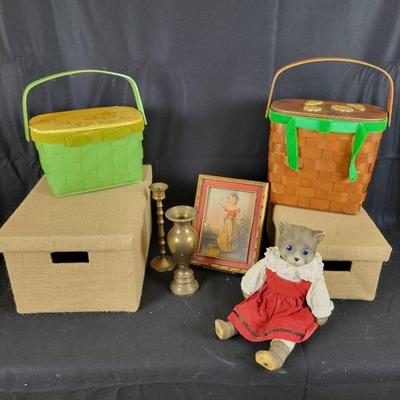 (2) Vintage Basket Purses, (2) Photo Boxes, Candlestick, Vase, Musical Ceramic Cat