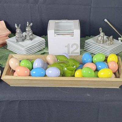 (24) Crate And Barrel Dessert Plates, Milk Glass Bunny On A Basket, 