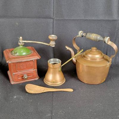 Antique Elma Coffee Grinder, Copper Tea Kettle, Copper Turkish Coffee Pot, Wooden Spoon