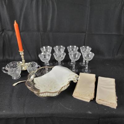(8) Fostoria "Navarre" Champagne Glasses, Silverplate Bread Basket, (8) Cloth Napkins, Etc