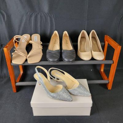(4) Pair Of Dress Shoes Sz 7.5-8.5 W/ Shoe Rack 