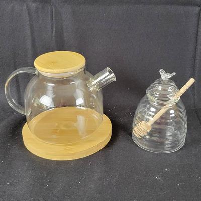 Glass Teapot With Bamboo Lid And Trivet, Glass Honey Jat With Wooden Dipper