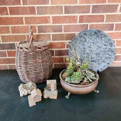 Faux Succulents in Brass Footed Bowl, Large Basket with Lid, Decorative Platter, Mini Houses