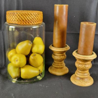 Large Glass Lidded Container & (2) Pillar Candle Holders