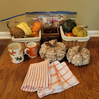 Fall Decorations: (2) Lined Baskets, Kitchen Towels. Ceramic Planter, Etc