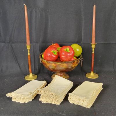 Metal Console Bowl W/Artificial Apples, Pair Of MCM Candlesticks, Assorted Cloth Napkins