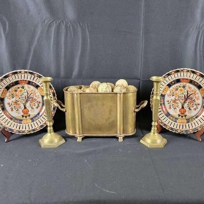 Etched Brass Footed Console Bowl, Pair Of Etched Brass Candlesticks, (2) Decorative Plates