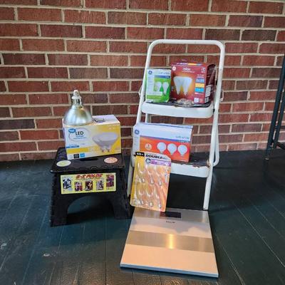 Great Utility Items: Vintage Step Stool, Folding Step Stool, Scales, Assorted Light Bulbs
