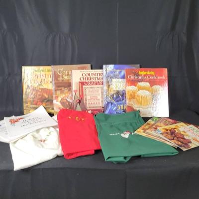 Assorted Christmas Cookbooks & Decorating Books, Aprons