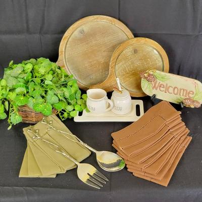 (2) Cheese Plates w/glass Inserts, Mudpie Sugar & Cream Set, Napkins, Etc