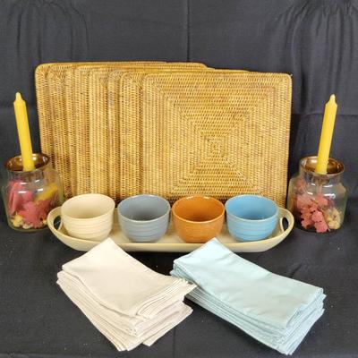 Serving Dish By BICO, (8) Woven Placemats, (8) Cream Napkins, (10) Blue Napkins, (2) Candle Holders