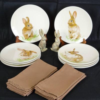 Set/8 Pottery Barn Bunny Plates, (8) Cloth Napkins, (2) Bunny Figurines