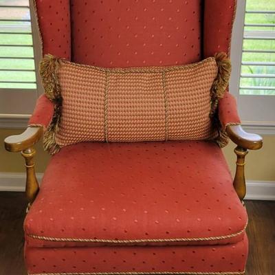 Vintage Ethan Allen Wingback Chair With Wood Accents & Pillow