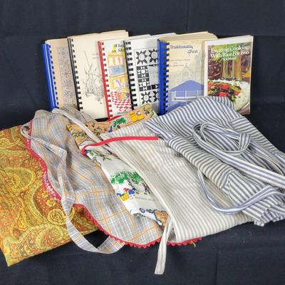 Assorted Vintage Cookbooks & (5) Aprons