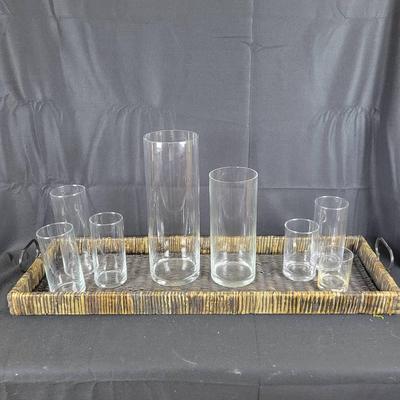 38" Woven Tray W/assorted Glass Vases