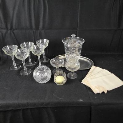 Assorted Etched Crystal/Glass & Silverplate, Napkins, etc