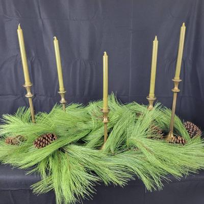 (2) 6' Pine Bough Garlands, (5) Crate And Barrel Candlesticks