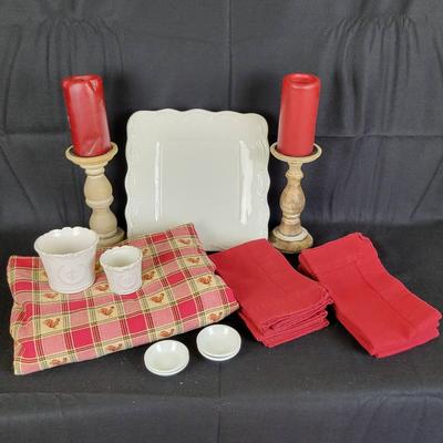 Rooster Table Cloth, (8) Napkins, Serving Dishes, Candles, Etc
