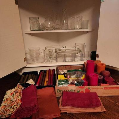 Assorted Candles, Candle Holders, Cloth napkins