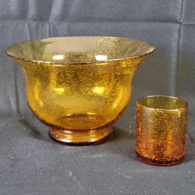Vintage Amber Seaded Glass Salad Bowl By Artland & Tumbler