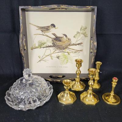 Heavy Crystal Butter Dish, Wooden Tray, (5) Brass Candlesticks