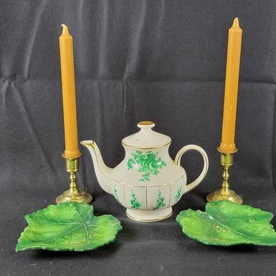 Author Wood Teapot, Pair Of Brass Candlsticks, Pair Of Ceramic Leaf Dishes