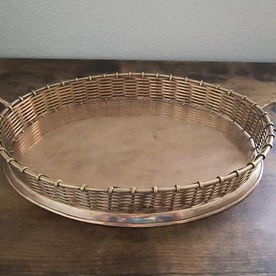 VTG Brass Faux Sweet Grass Bamboo Oval Serving Vanity Tray Hollywood Regency 15"