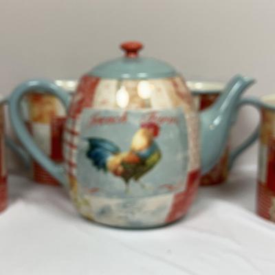 Certified International "Farm House Rooster" Teapot & Mugs