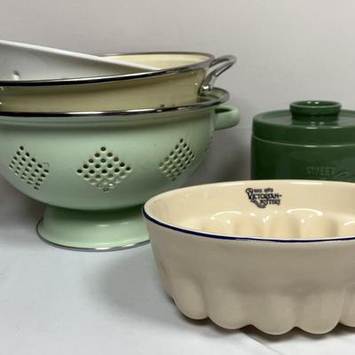 Kitchen Essentials - Victorian Pottery, Ceramic Crock, Colorful Strainers