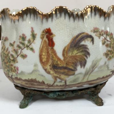 Castilian Pottery Rooster Bowl with Brass Footed Stand