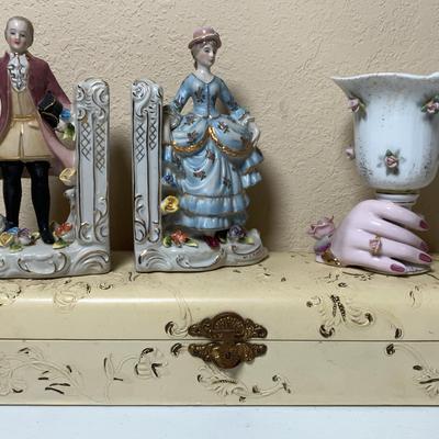 Lefton Goblet Vase, Porcelain Figurine Bookends, and Glove Box