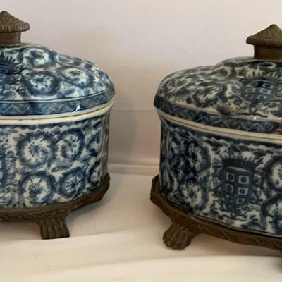 2 Vintage Castillian Ceramic Bowls with lids on stands 