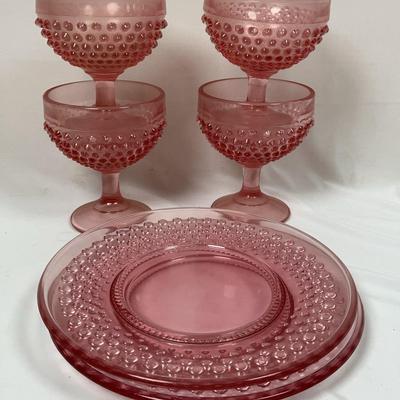 Pink Depression Hobnail Glass Goblets & Plates