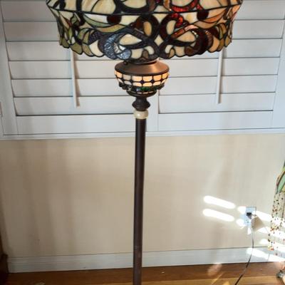 Floor Lamp - Pale Yellow Stained Glass With Red And Green Accents 
