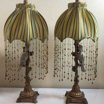 Set of 2 - Art Deco Victorian Style Cockatoo Lamps with Beaded Shades 