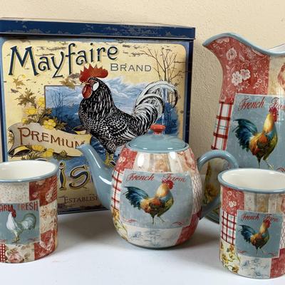 Certified International "Farm House Rooster" Mugs, Teapot, Pitcher and Mayfaire Biscuits Tin
