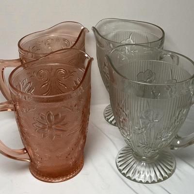 Pink Tiara Glass and Clear Jeanette Iris & Herringbone  Pitchers