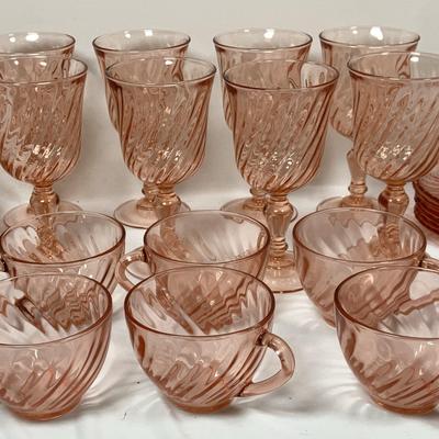 Arcoroc France "Rosaline Pink Swirl" Glass Teacups, Saucers, Stemware Set 