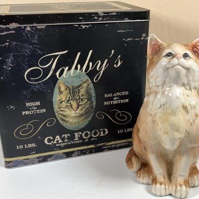 Tabby’s Cat Food Tin And Ceramic Cat Figurine