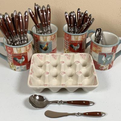 Farval Ceramic Egg Holder, Certified International "Farm House Rooster" Mugs, Chef's Flatware 