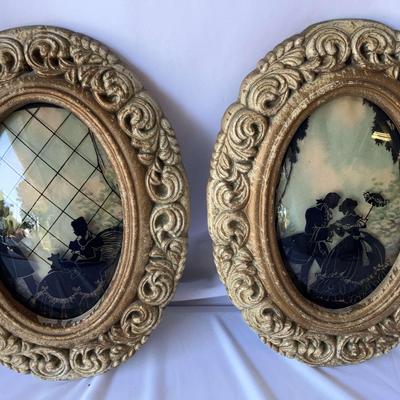 Vintage Set Of 2 Ornate Convex Bubble Glass Framed Silhouettes 