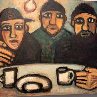 Lobster Men Lunch, Morris Brown signed original on wood, 24x30