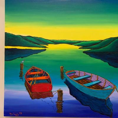 Two Boats Moored, Tony Landry original signed, 36x36